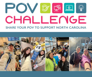 POV Challenge: Share your POV to support North Carolina. Photo collage with students taking selfies in memorable UNC locations like The Well and with Ramses.